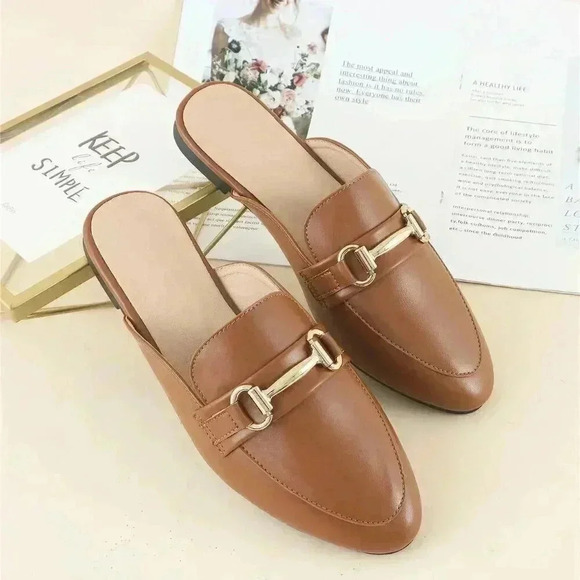 Brown Elegant Women's Metal Decor Flat Mules - Picture 5 of 8